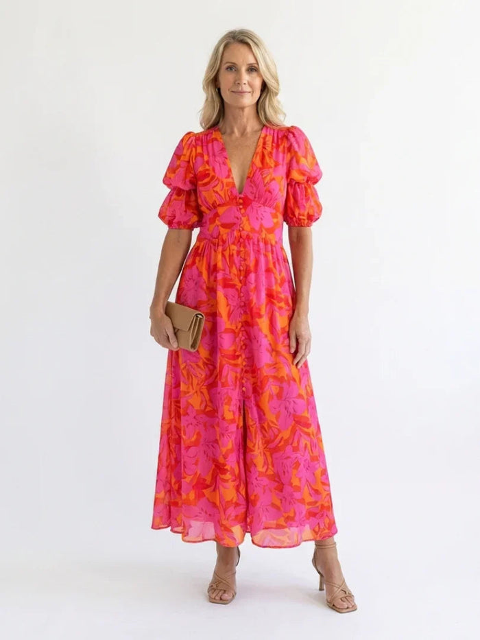 Willow | Floral V Neck Puff Sleeve Midi Dress
