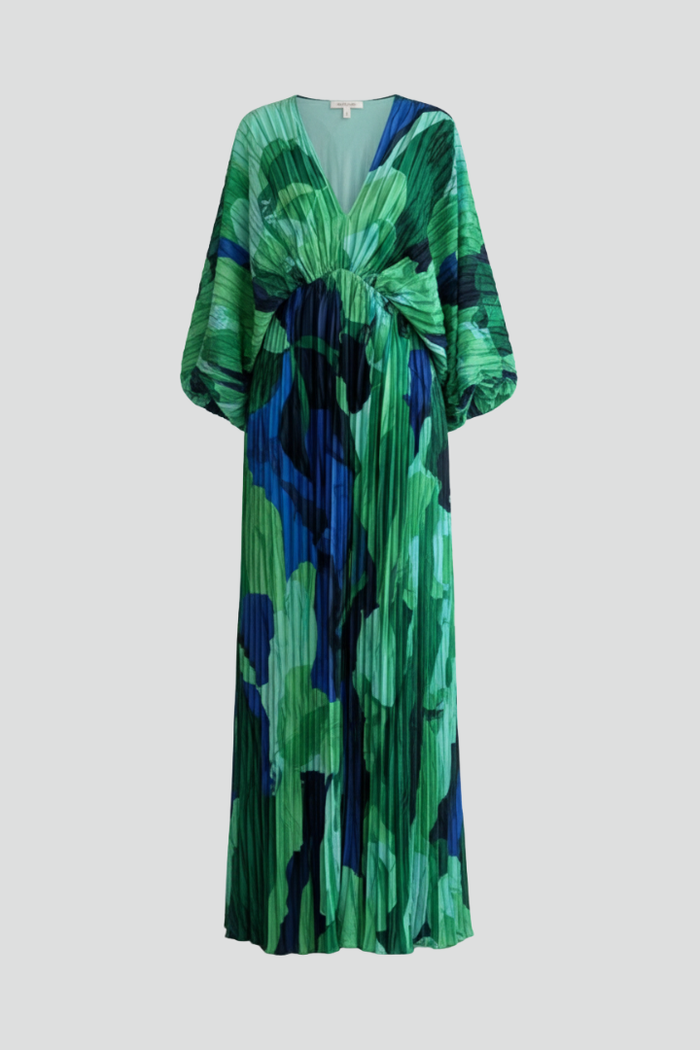 Women’s Long Dress with V-Neckline and Pleated Finish