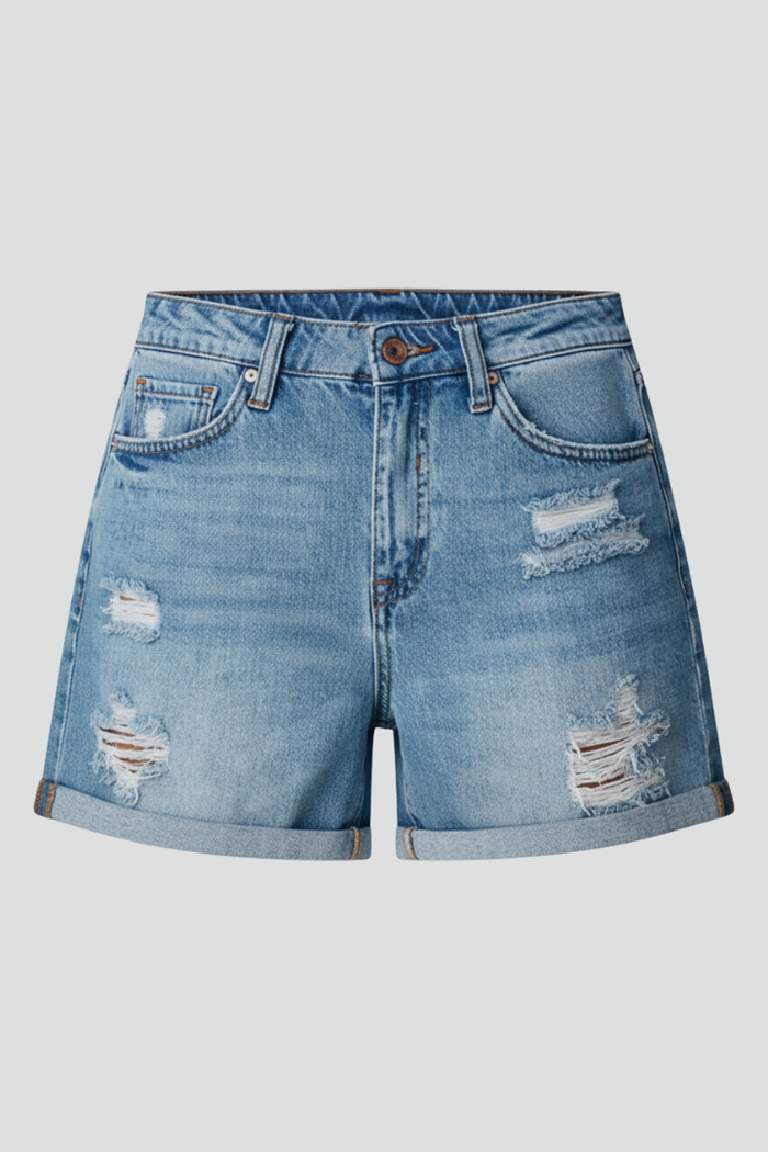 Women’s Denim Shorts with Distressed Surface and Fringe Hem