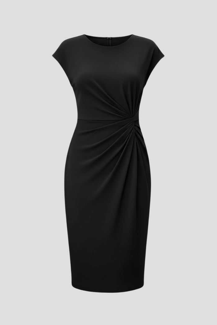 Knee-Length Dress with Round Neck and Ruched Waist