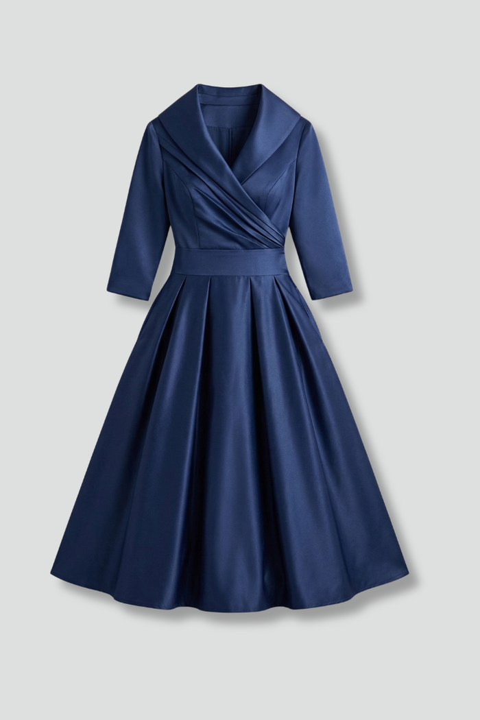 Women’s Midi Dress with Wrap Neck and Pleated Skirt