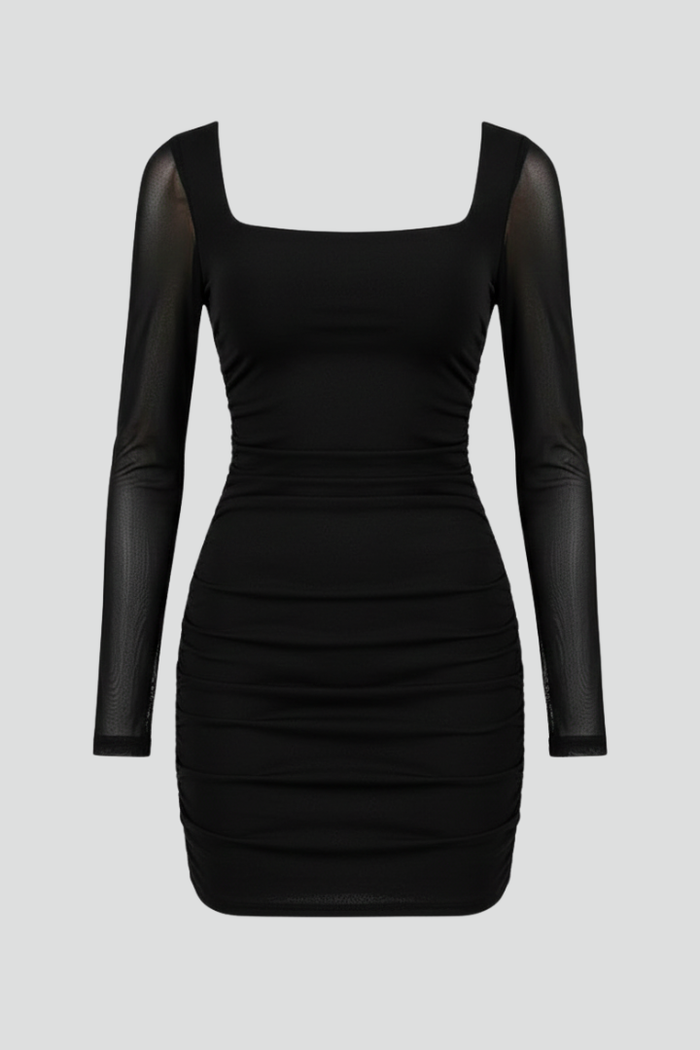 Women’s Mini Dress with Square Neckline and Sheer Sleeves