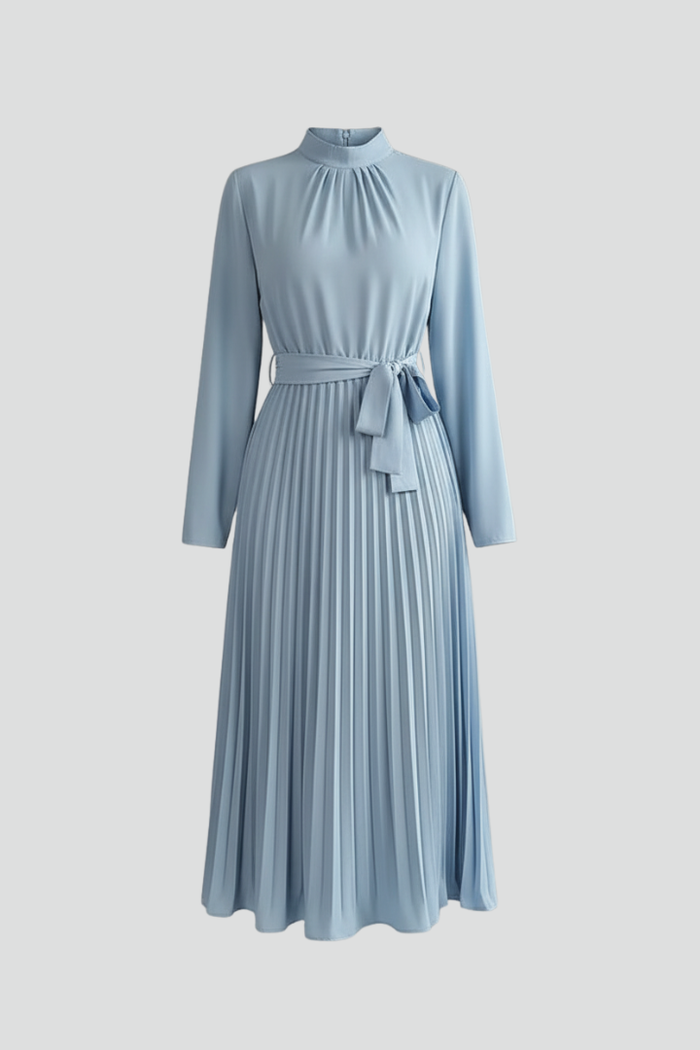 Women’s Pleated Dress with Long Sleeves and Waist Tie