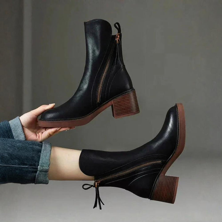 Stacked-Heel Leather Ankle Boots
