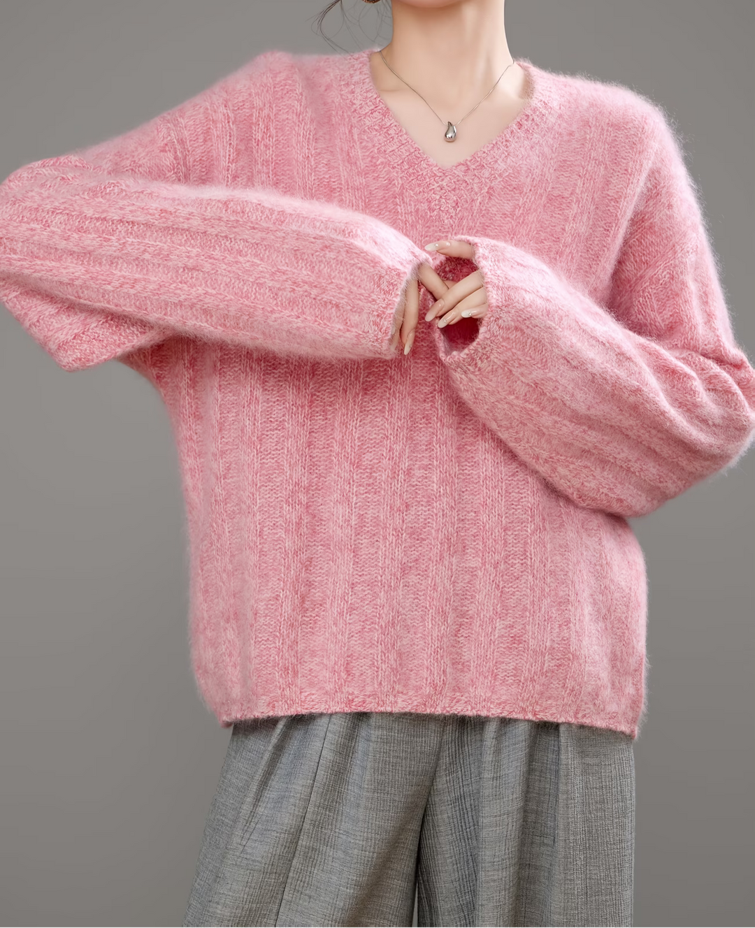 Brushed Ribbed Cashmere V-Neck Jumper