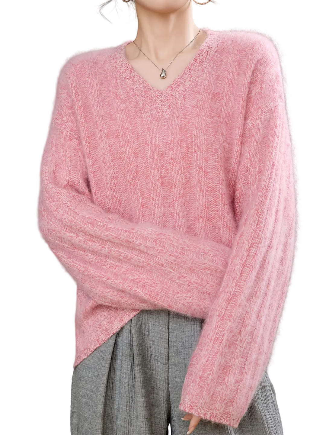 Brushed Ribbed Cashmere V-Neck Jumper