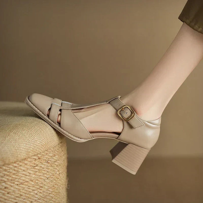 T-Strap Leather Block Heels