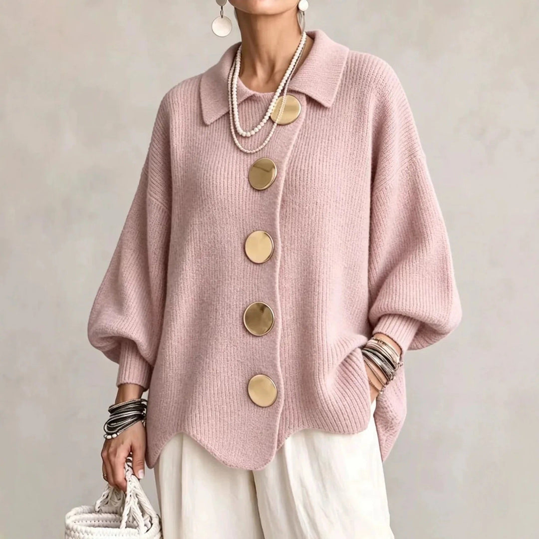 Oversized Collared Cardigan with Gold Buttons