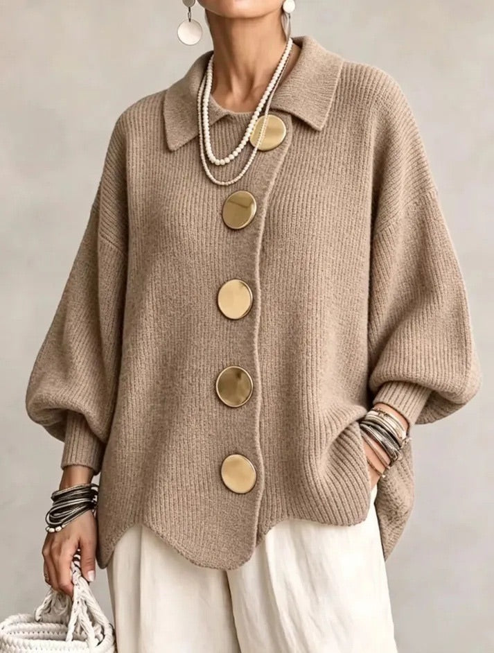 Oversized Collared Cardigan with Gold Buttons