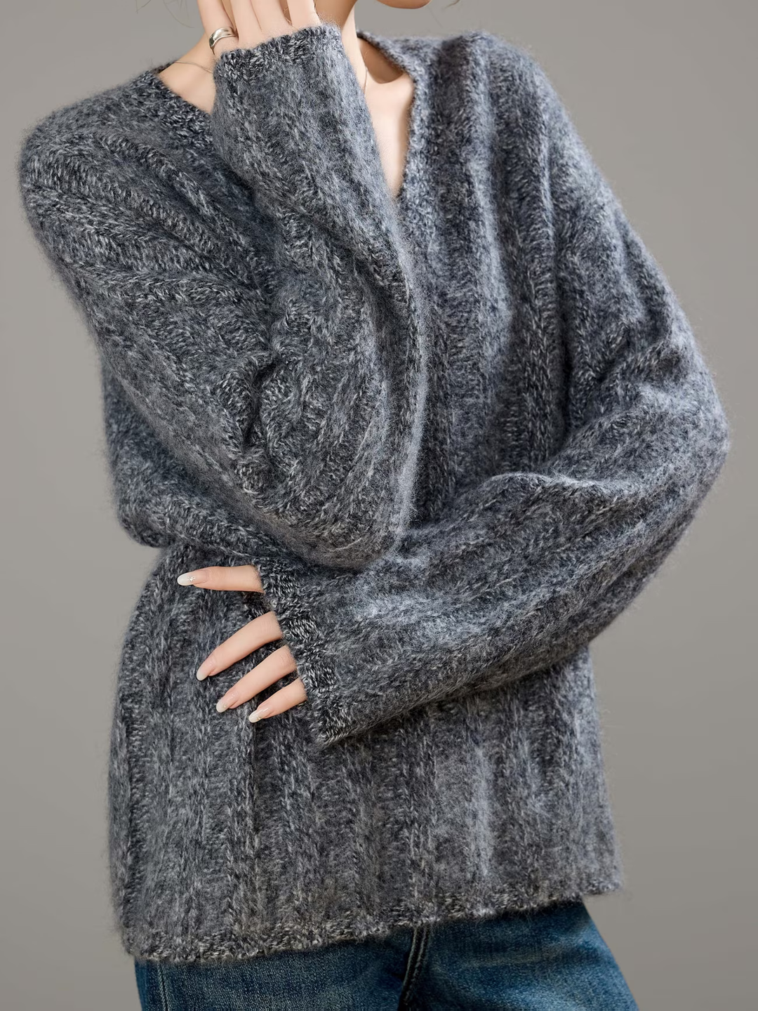 Brushed Ribbed Cashmere V-Neck Jumper