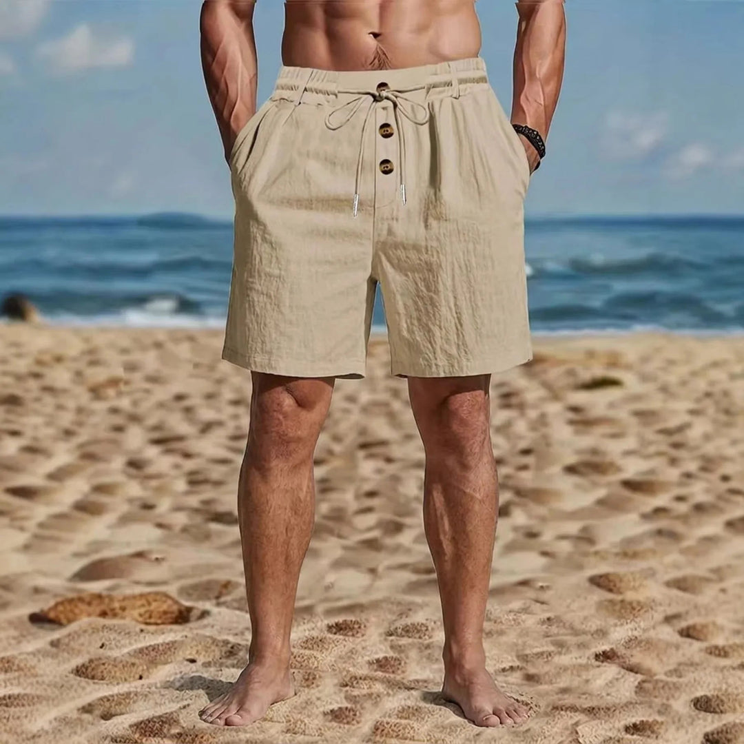 Three-Button Cotton-Linen Drawstring Shorts