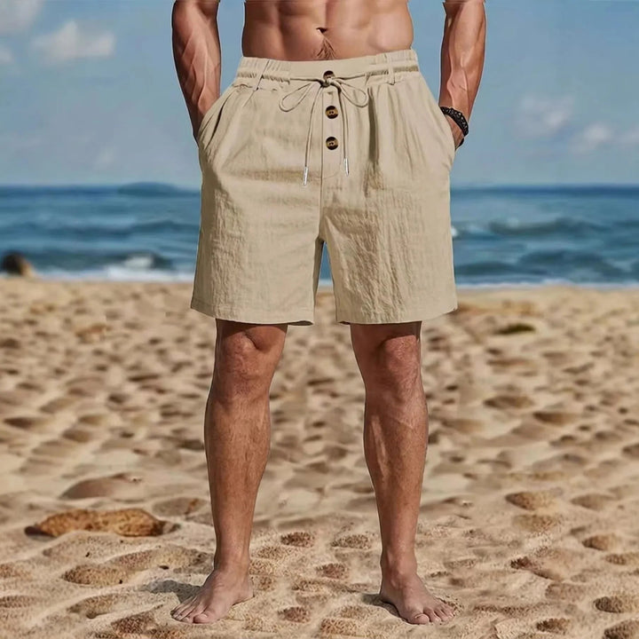 Three-Button Cotton-Linen Drawstring Shorts