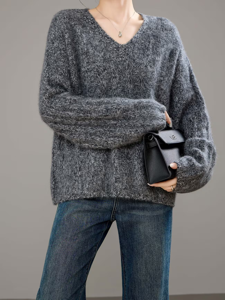 Brushed Ribbed Cashmere V-Neck Jumper