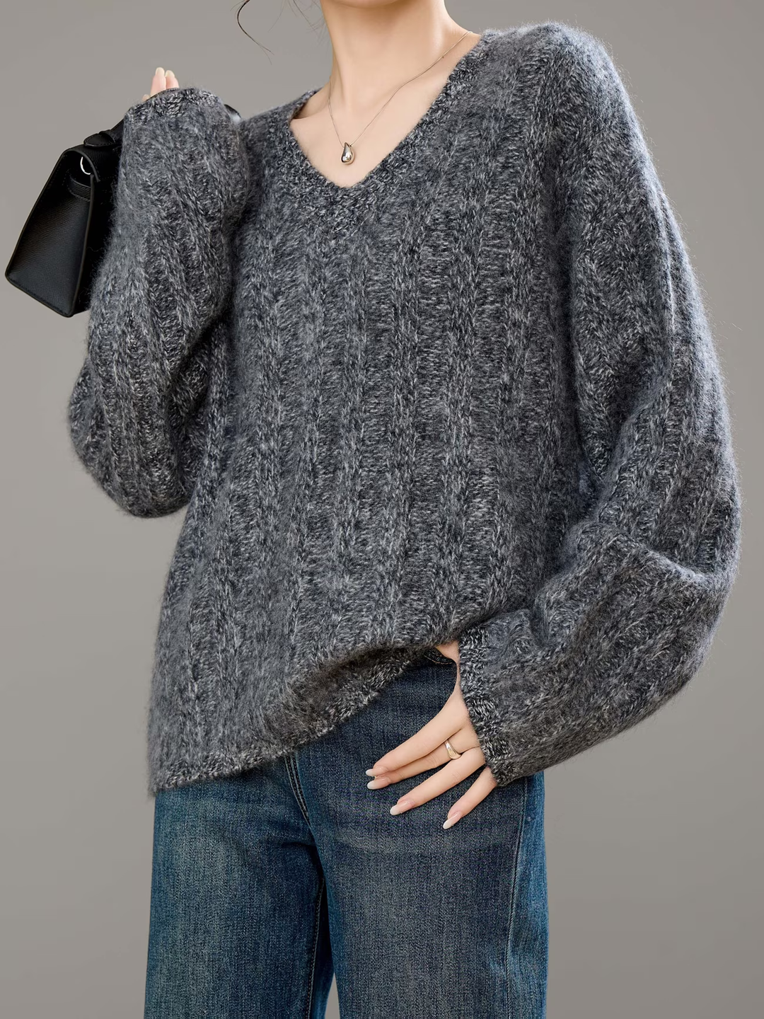 Brushed Ribbed Cashmere V-Neck Jumper