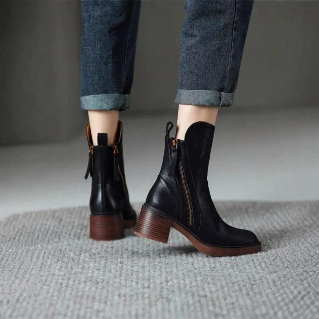 Stacked-Heel Leather Ankle Boots
