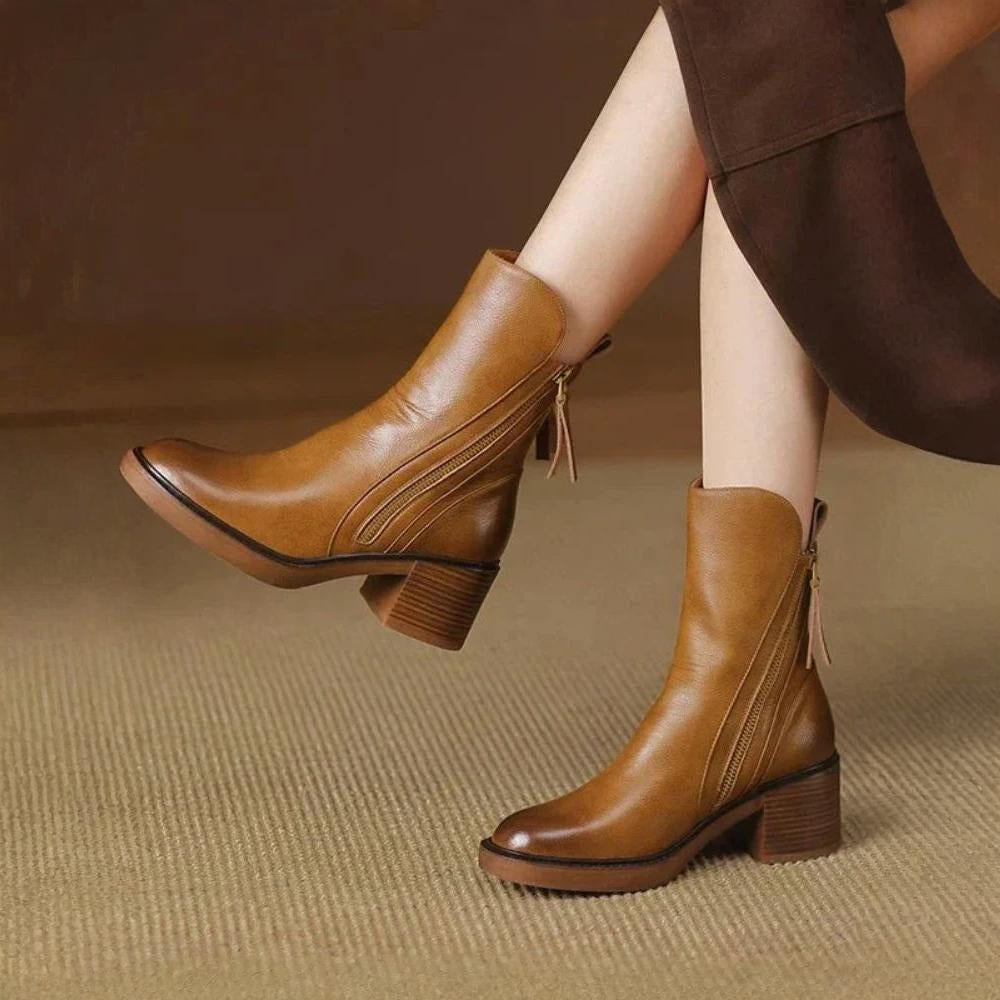 Stacked-Heel Leather Ankle Boots