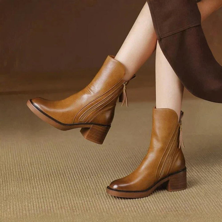 Stacked-Heel Leather Ankle Boots