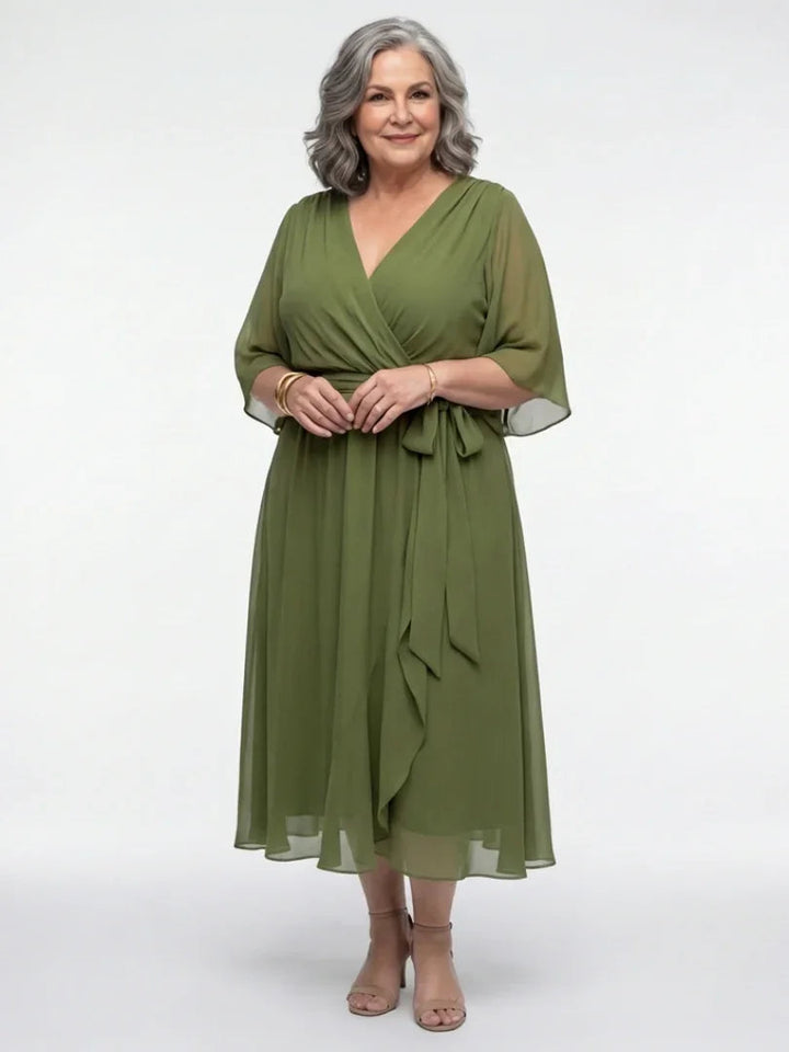 Elysia | V Neck Draped Waist Tie Midi Dress