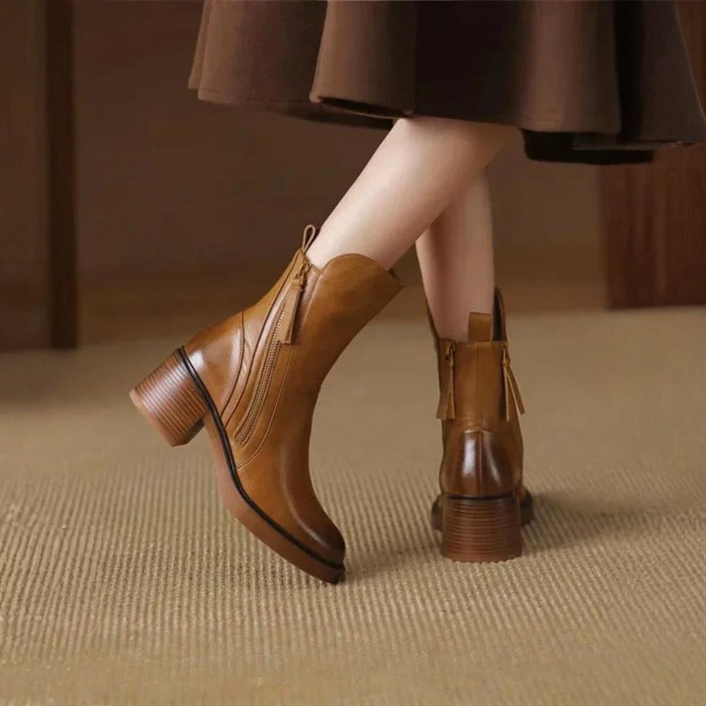 Stacked-Heel Leather Ankle Boots