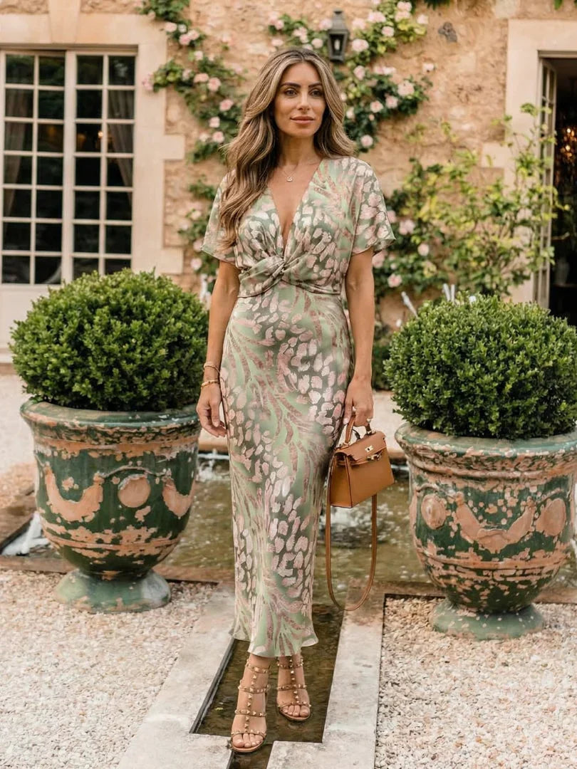 Coralie | Abstract Print V Neck Twist Waist Midi Dress