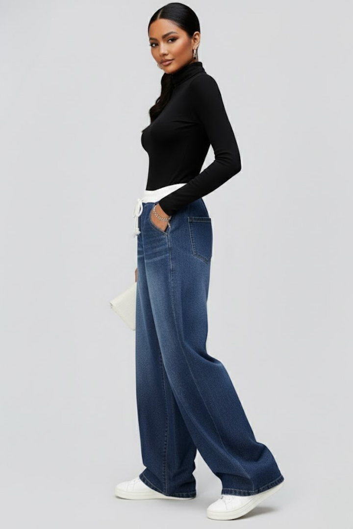 Women’s Wide-Leg Jeans with Drawstring Waist and Long Legs