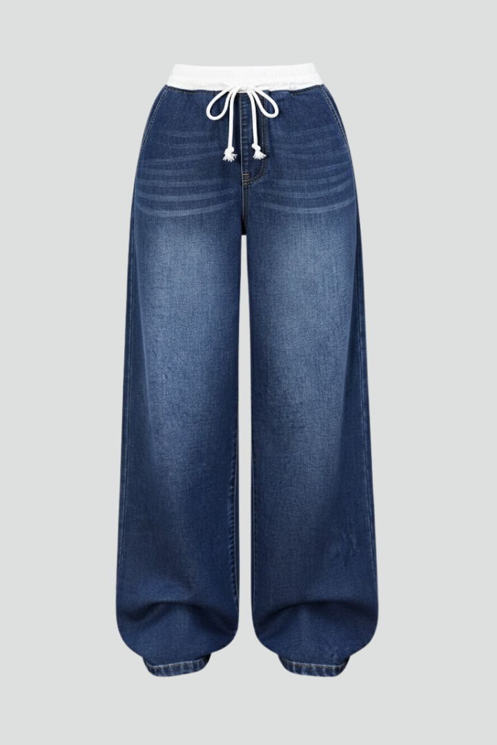 Women’s Wide-Leg Jeans with Drawstring Waist and Long Legs