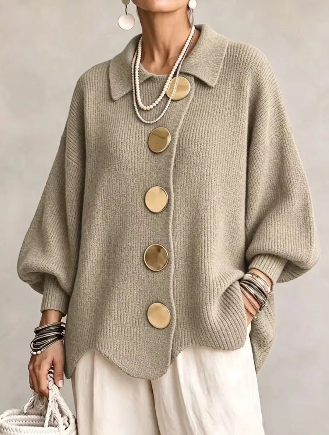 Oversized Collared Cardigan with Gold Buttons