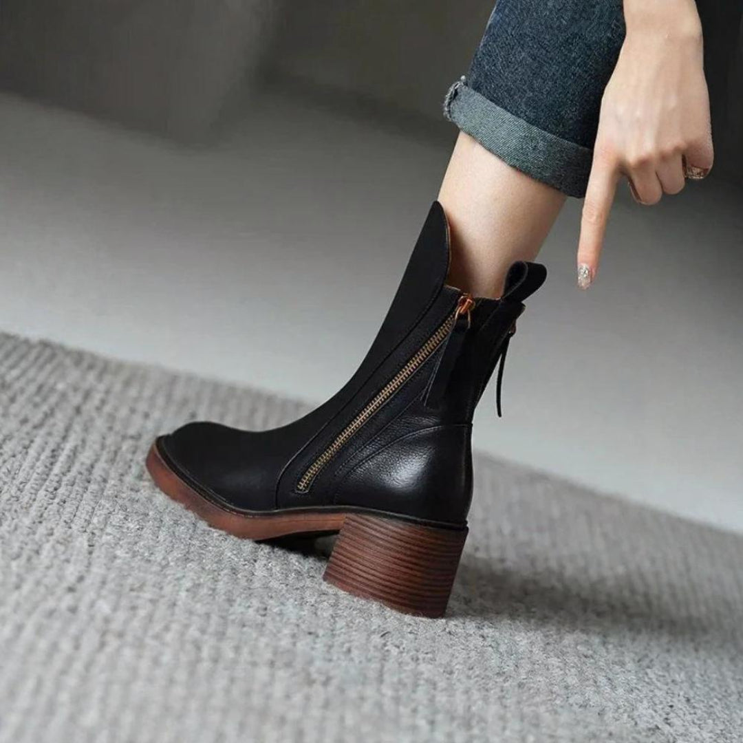 Stacked-Heel Leather Ankle Boots