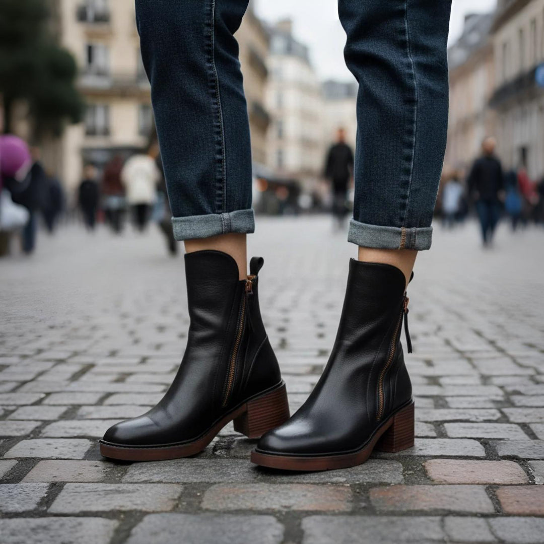 Stacked-Heel Leather Ankle Boots