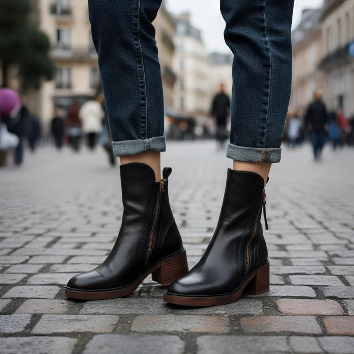 Stacked-Heel Leather Ankle Boots
