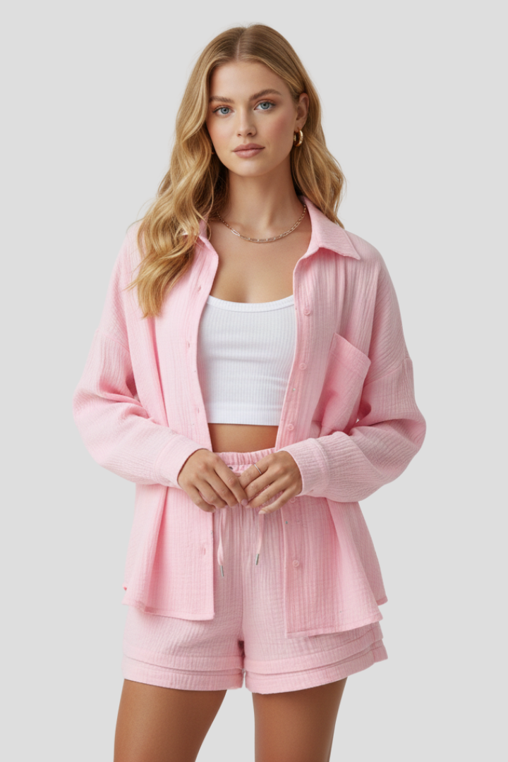 Women’s Two Piece Set with Oversized Blouse and Muslin Shorts
