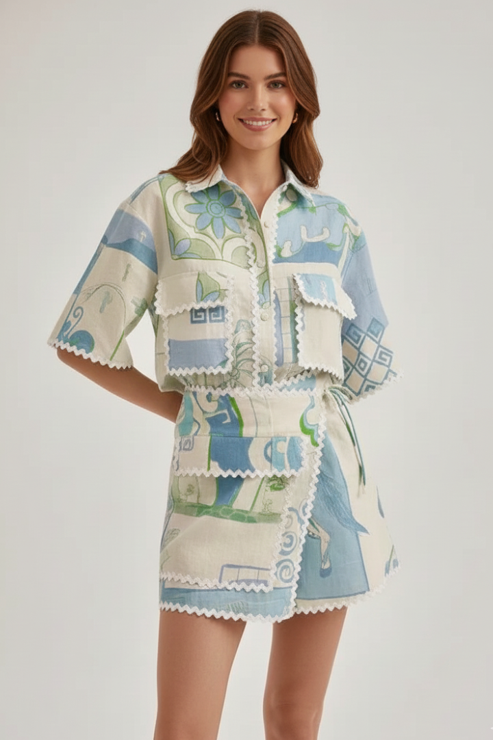 Women’s Two-Piece Set with Patchwork Top and Adjustable Shorts