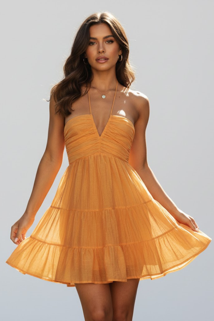 Women’s Halter Mini Dress with Tiered Ruffle Skirt