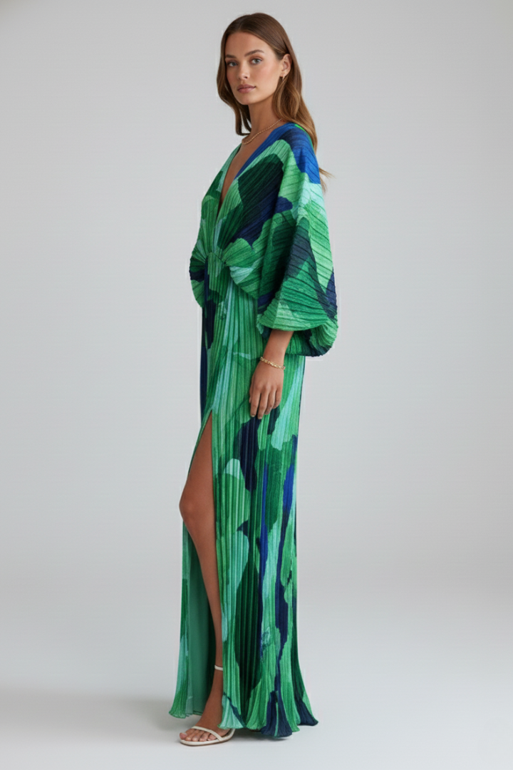 Women’s Long Dress with V-Neckline and Pleated Finish