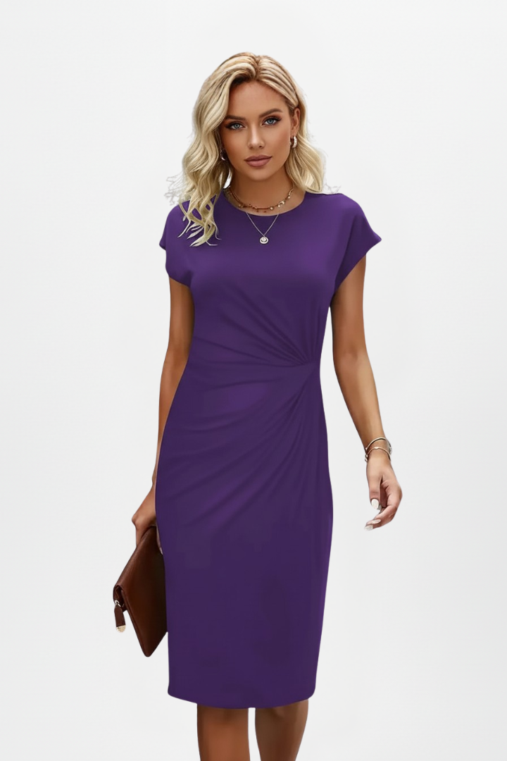 Knee-Length Dress with Round Neck and Ruched Waist