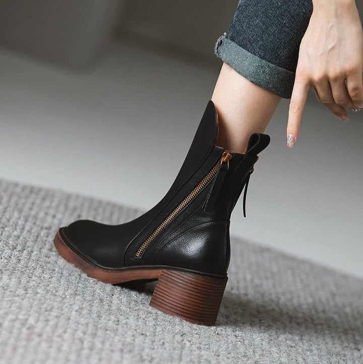Leather Block-Heel Ankle Boots