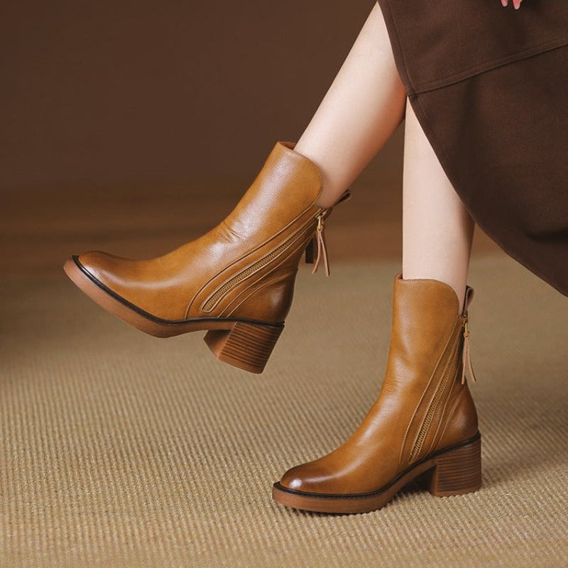 Leather Block-Heel Ankle Boots