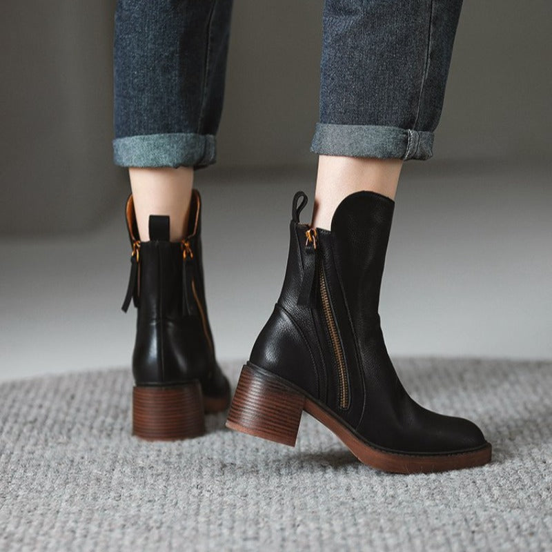Leather Block-Heel Ankle Boots