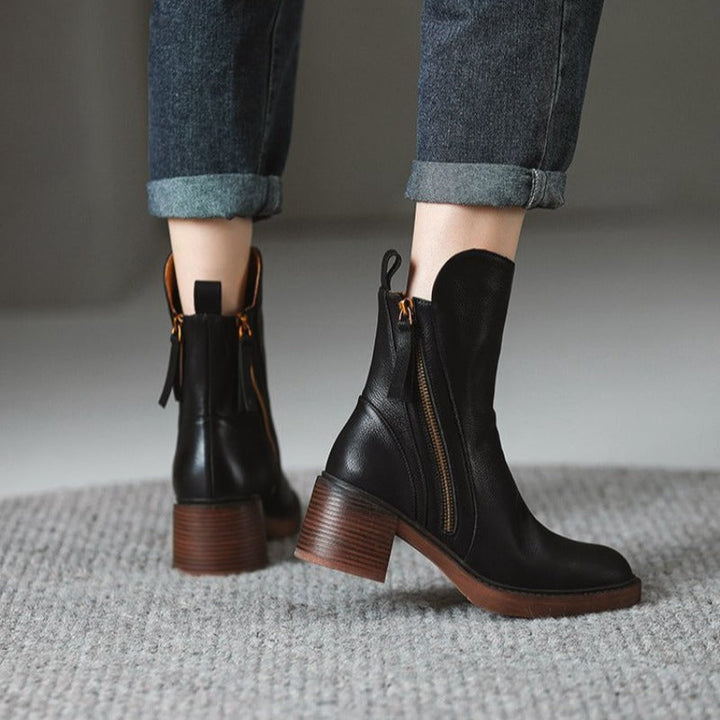 Leather Block-Heel Ankle Boots