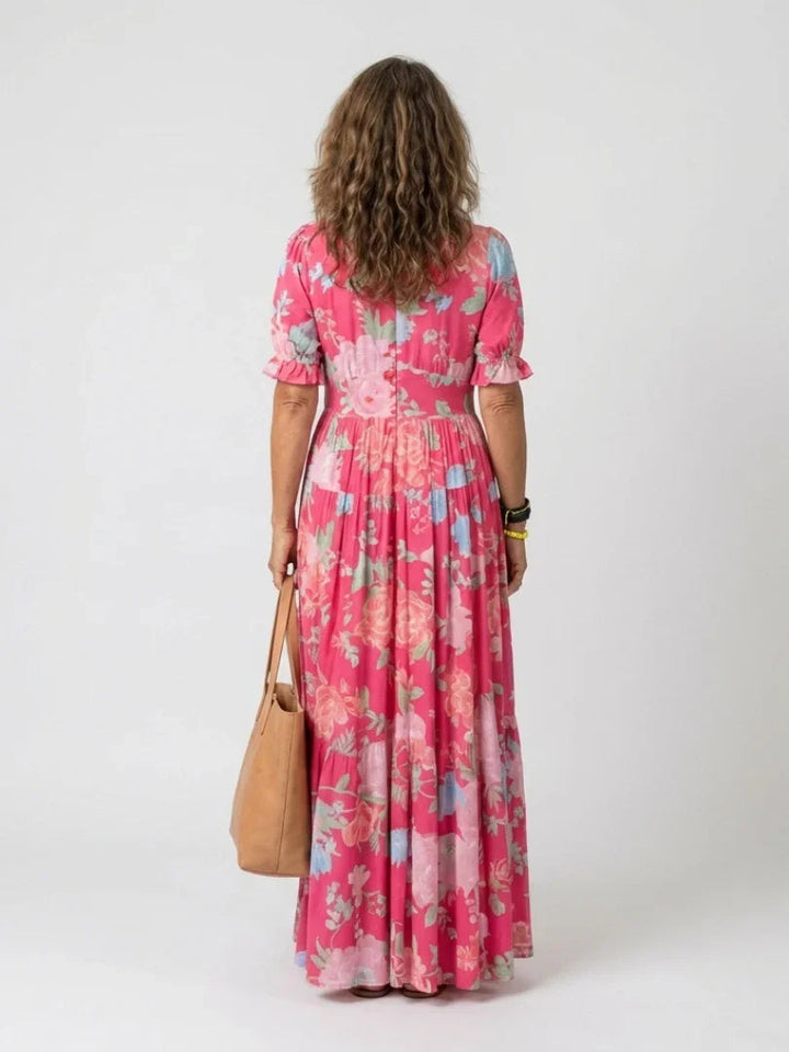 Ione | Short Sleeve V Neck Floral Midi Dress