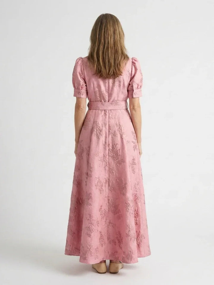 Xanthea | Short Sleeve Belted Floral Textured Maxi Shirt Dress