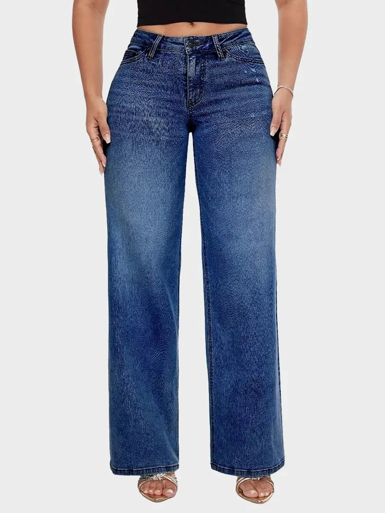 Women’s Wide-Leg Jeans with Mid Waist and Button Closure