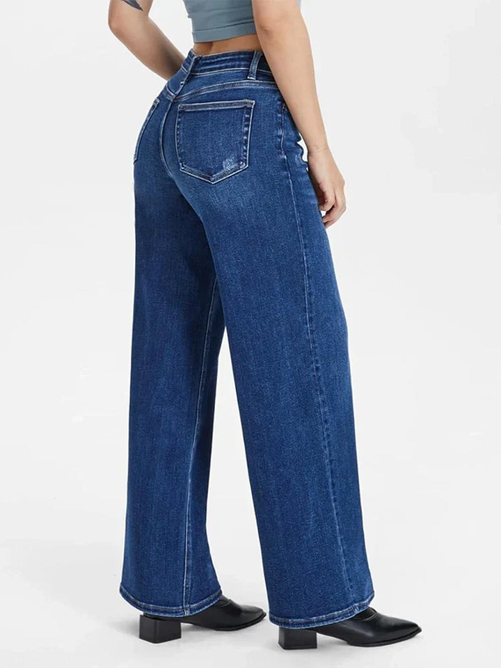 Women’s Wide-Leg Jeans with Mid Waist and Button Closure