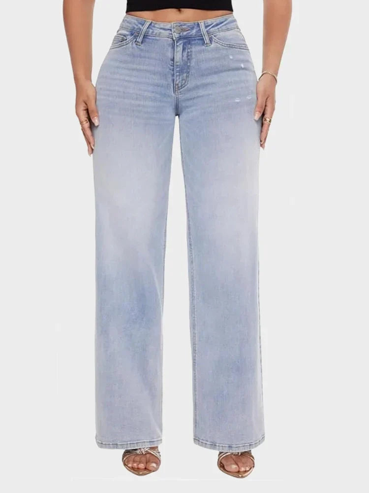 Women’s Wide-Leg Jeans with Mid Waist and Button Closure