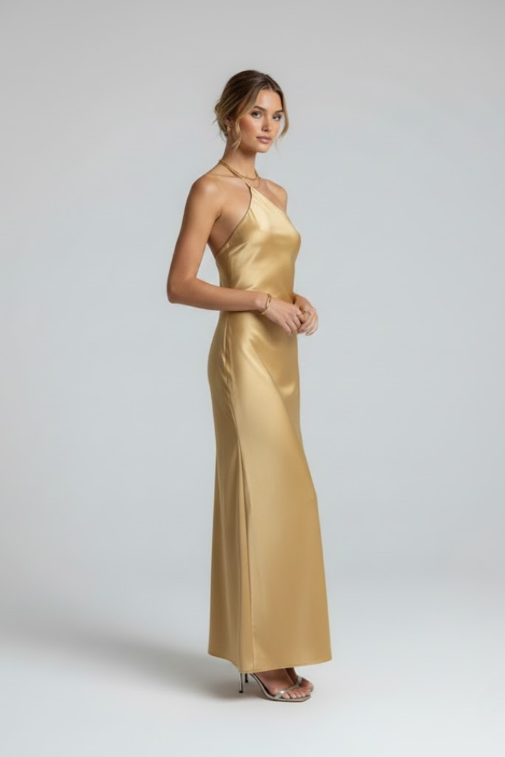 Women’s Maxi Dress with Slit and Asymmetric Neckline