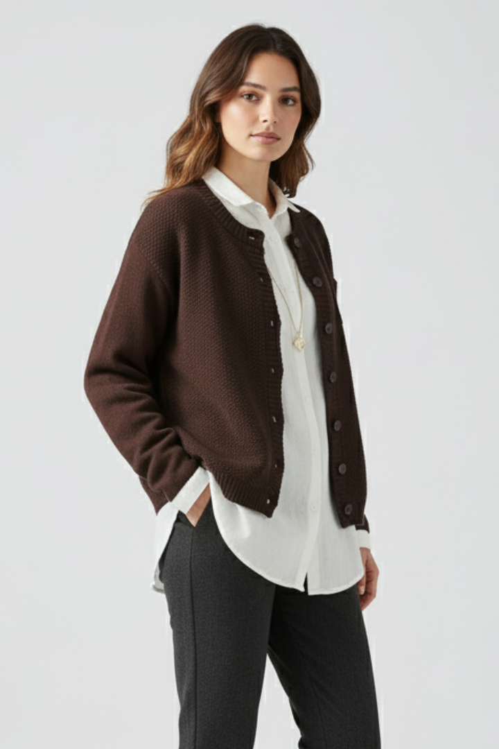 Women’s Knitted Cardigan with Round Neck and Button Front