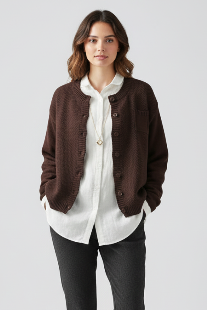 Women’s Knitted Cardigan with Round Neck and Button Front
