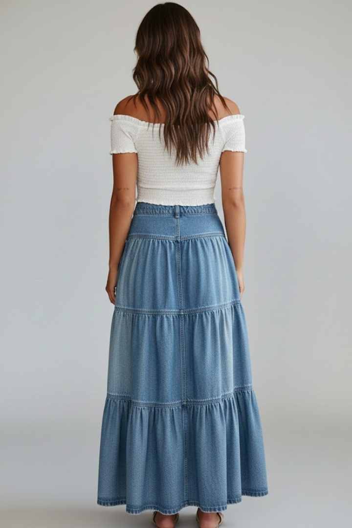 Women’s Denim Maxi Skirt with Buttons and Tiers