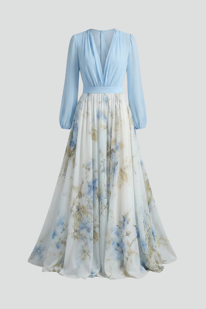 Women’s Maxi Dress with V-Neckline and Sheer Sleeves