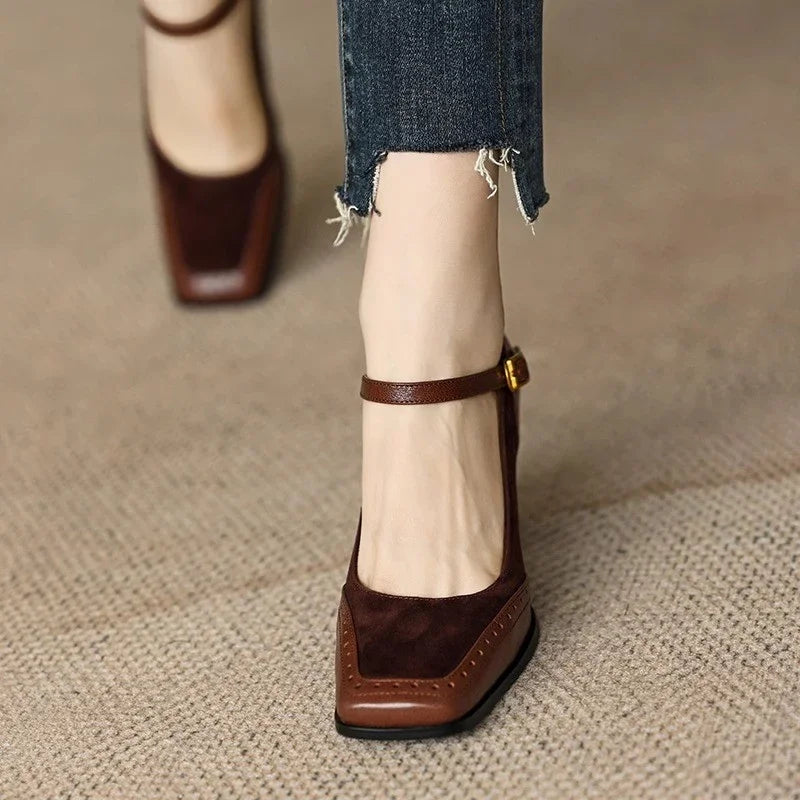 Suede Buckle Block Heels